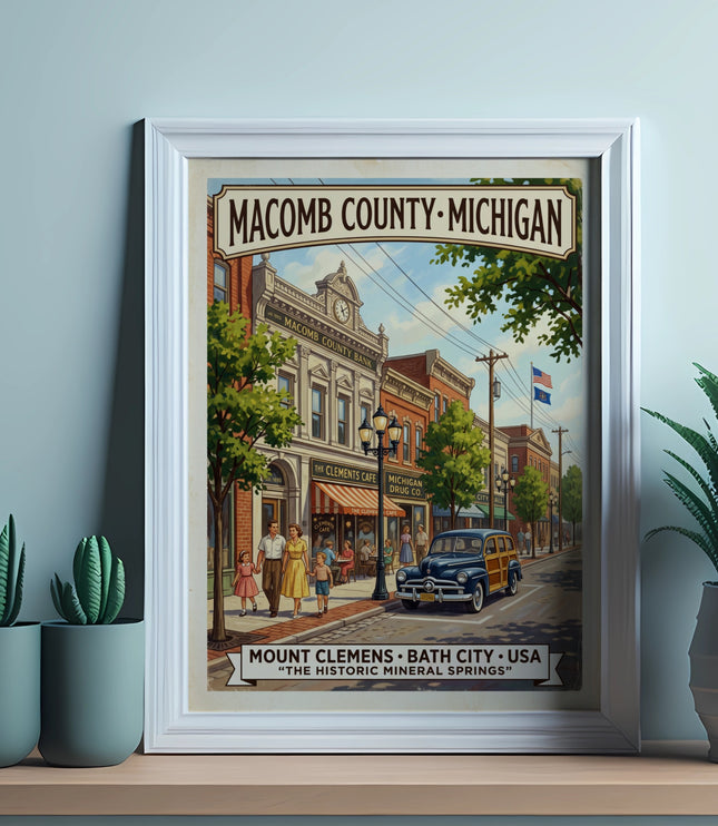 Vintage "Macomb County Michigan" poster showing historic street scene with buildings and people.