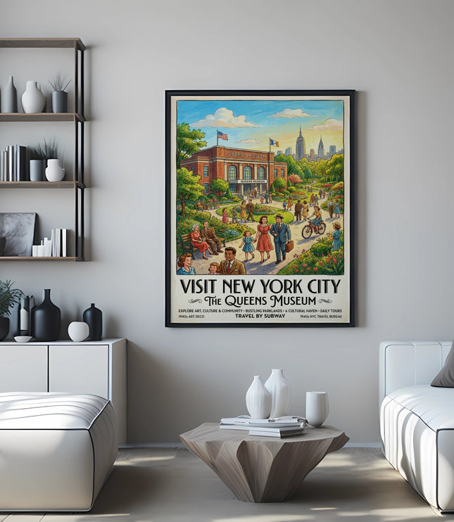 Poster for The Queens Museum, Visit New York City, 1940s Art Deco style.
