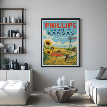 Phillips County Kansas poster with sunflowers, windmill, and text.