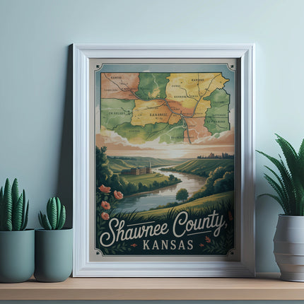 Framed map of Shawnee County, Kansas, with river and landscape illustration.