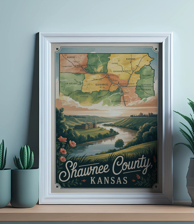 Framed map of Shawnee County, Kansas, with river and landscape illustration.