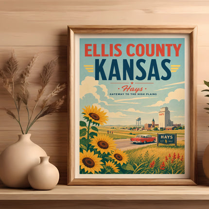 Poster art for Ellis County Kansas, featuring sunflowers, a red car, and Hays landmarks.