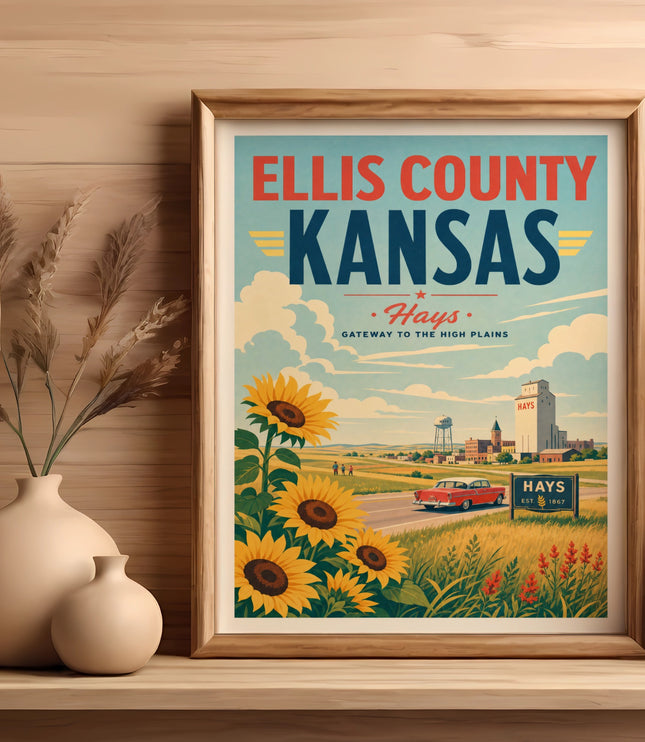 Poster art for Ellis County Kansas, featuring sunflowers, a red car, and Hays landmarks.