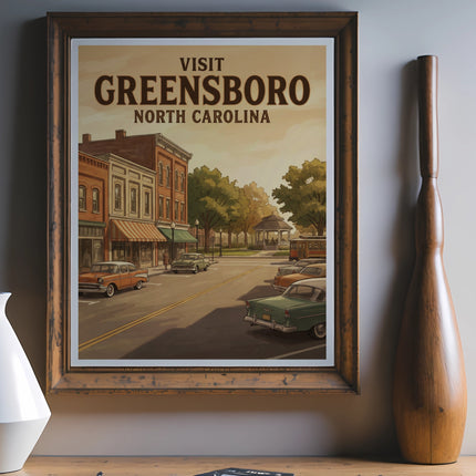 Vintage style poster depicting downtown Greensboro, North Carolina with buildings and classic cars.