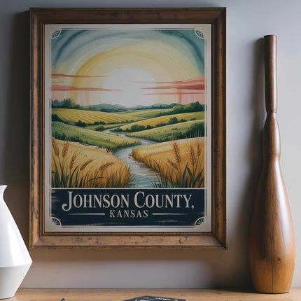 Vintage poster of Johnson County, Kansas landscape with sun, fields, and river.