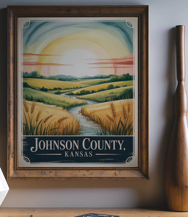 Vintage poster of Johnson County, Kansas landscape with sun, fields, and river.