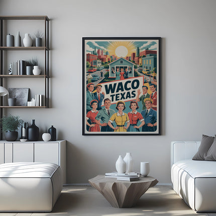 Waco Texas retro poster depicting diverse people in front of buildings.