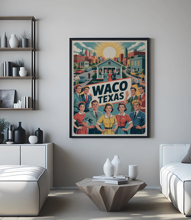 Waco Texas retro poster depicting diverse people in front of buildings.