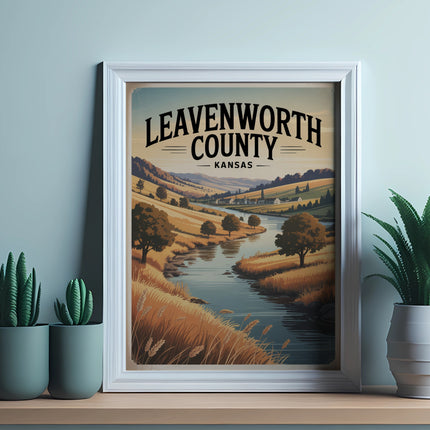 Leavenworth County Kansas vintage travel poster with scenic river valley.