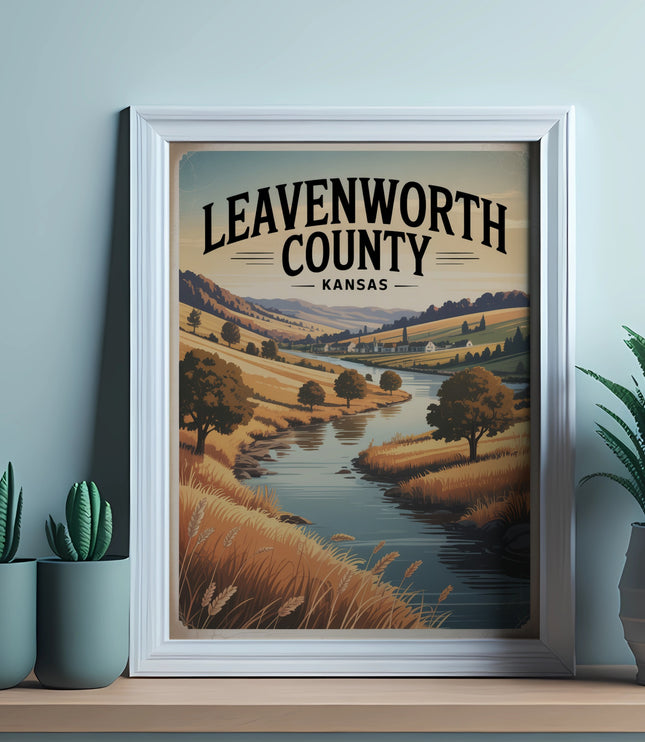 Leavenworth County Kansas vintage travel poster with scenic river valley.