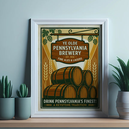 Ye Olde Pennsylvania Brewery sign with barrels, EST. 1830, Fine Ales & Lagers.