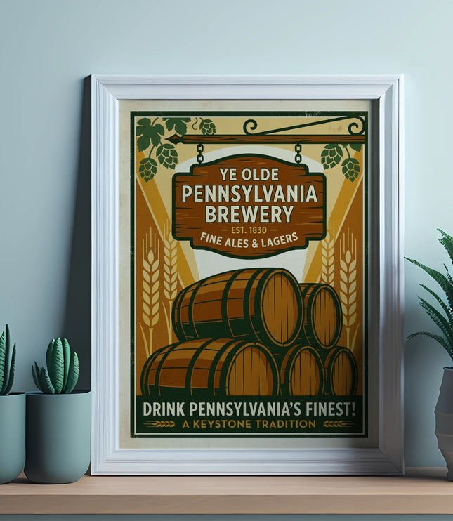 Ye Olde Pennsylvania Brewery sign with barrels, EST. 1830, Fine Ales & Lagers.