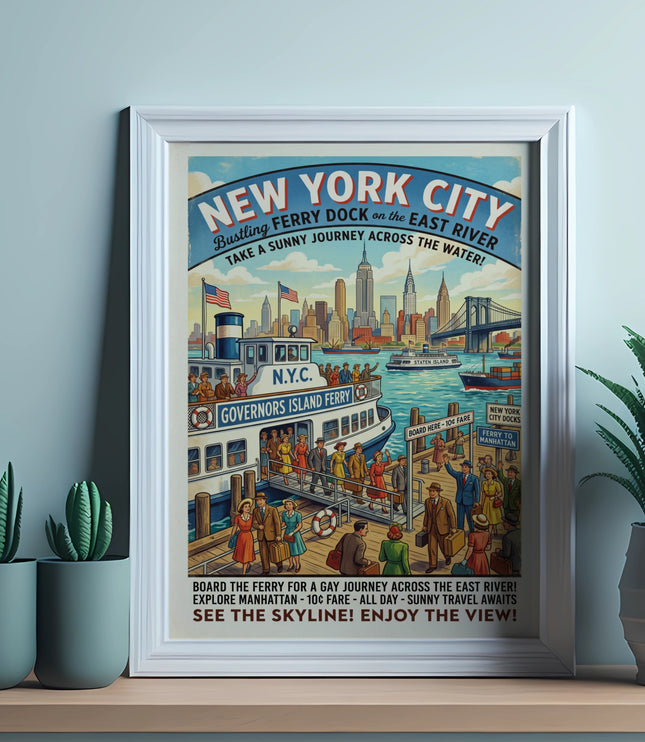 New York City ferry dock vintage poster showing skyline and people boarding.