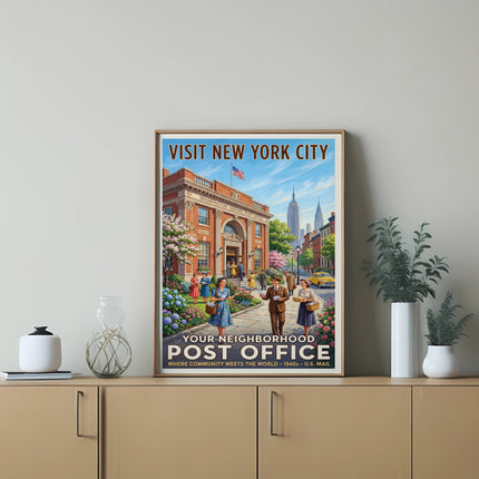 Visit New York City poster of Washington Square Post Office, 1940s style.