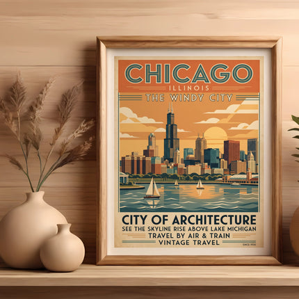 Vintage Chicago skyline poster featuring architecture, sailing on Lake Michigan, and text.