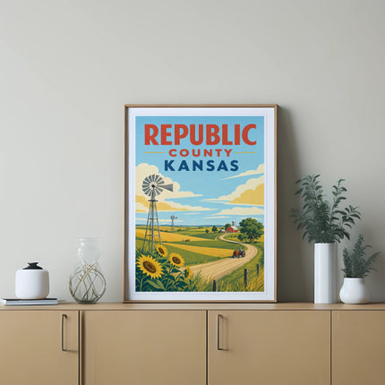 Poster of Kansas landscape with sunflowers, windmill, and text "REPUBLIC COUNTY KANSAS".