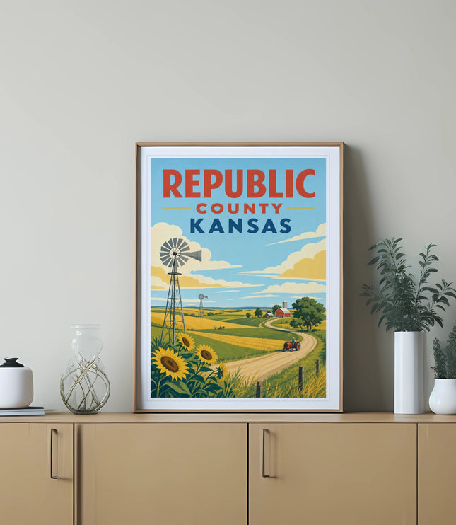 Poster of Kansas landscape with sunflowers, windmill, and text "REPUBLIC COUNTY KANSAS".