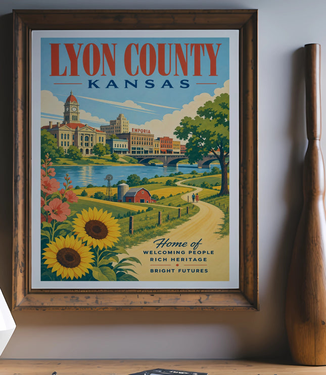 Vintage travel poster for Lyon County, Kansas, featuring sunflowers and Emporia.