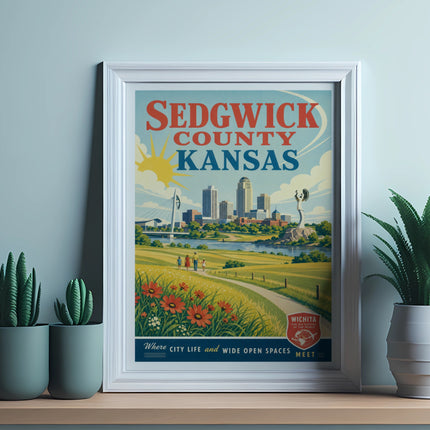 Sedgwick County, Kansas vintage travel poster with city skyline and text.