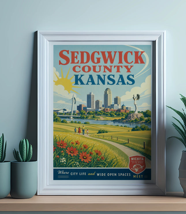 Sedgwick County, Kansas vintage travel poster with city skyline and text.