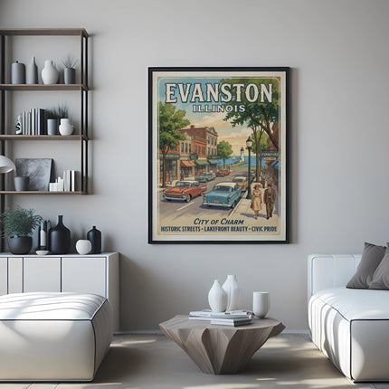 Framed "Evanston Illinois" travel poster depicting a street scene with vintage cars and buildings.