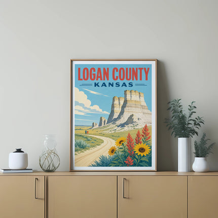 Poster of Monument Rocks, Logan County, Kansas with sunflowers.