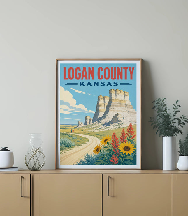Poster of Monument Rocks, Logan County, Kansas with sunflowers.