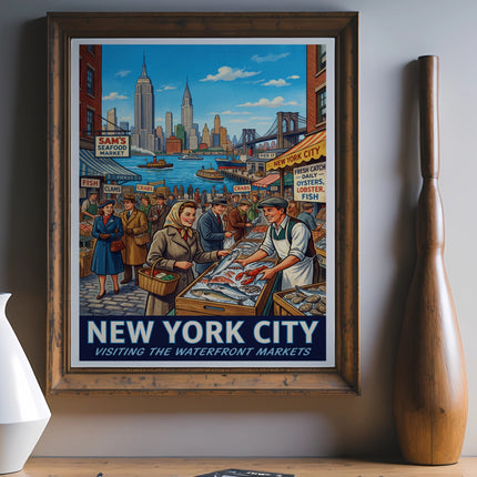 Vintage New York City waterfront market poster with people and seafood stalls.