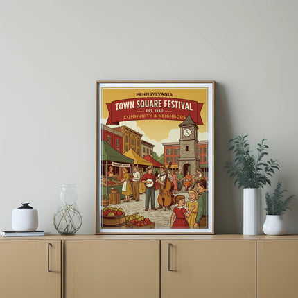 Town Square Festival poster featuring a community gathering with market stalls and clock tower.