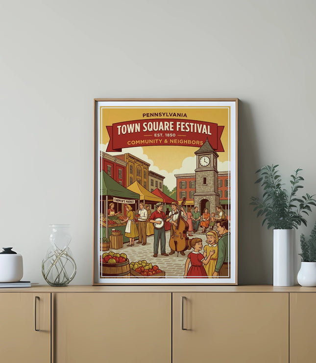 Town Square Festival poster featuring a community gathering with market stalls and clock tower.