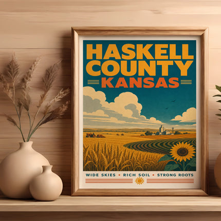 Haskell County Kansas retro travel poster with wheat fields and sunflower.