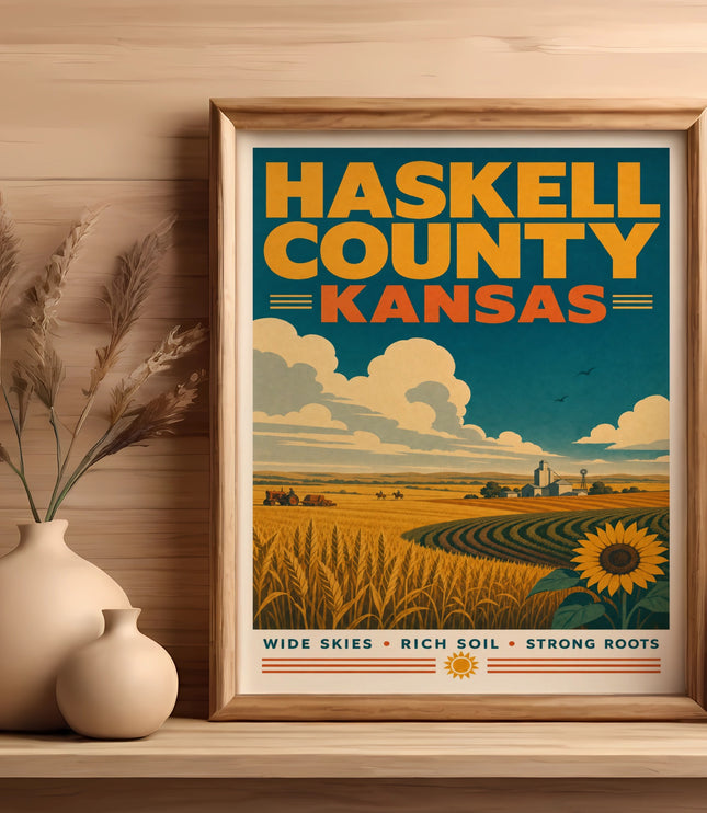 Haskell County Kansas retro travel poster with wheat fields and sunflower.