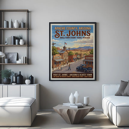 Vintage St. Johns, Arizona travel poster depicting a small town scene with text.
