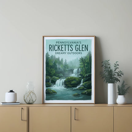 Framed print of Ricketts Glen State Park waterfall and forest landscape.