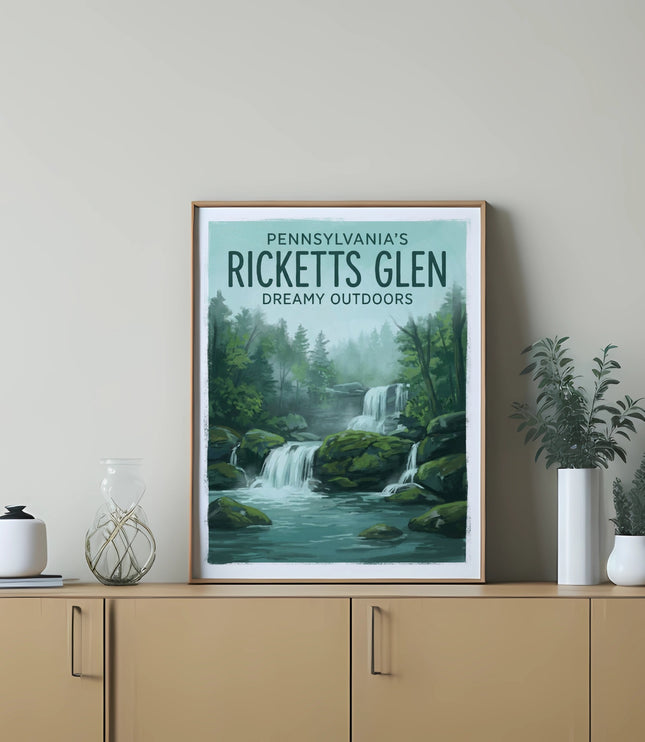 Framed print of Ricketts Glen State Park waterfall and forest landscape.