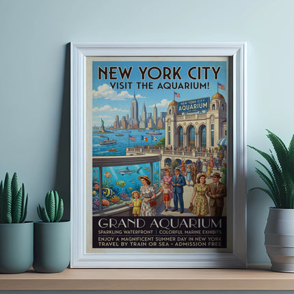 New York City Grand Aquarium vintage travel poster advertising marine exhibits.