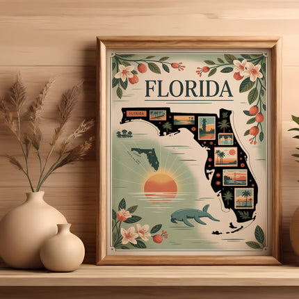Framed Florida map with state scenes and sunset.