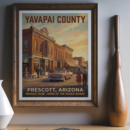 Yavapai County, Prescott, Arizona print showing Whiskey Row and a classic car.