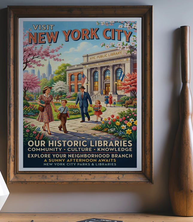 Vintage New York City poster featuring a family visiting a historic library with cherry blossoms.