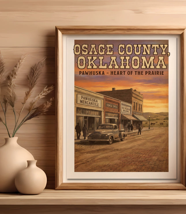 Framed print of Osage County, Oklahoma with Pawhuska Mercantile and vintage truck.