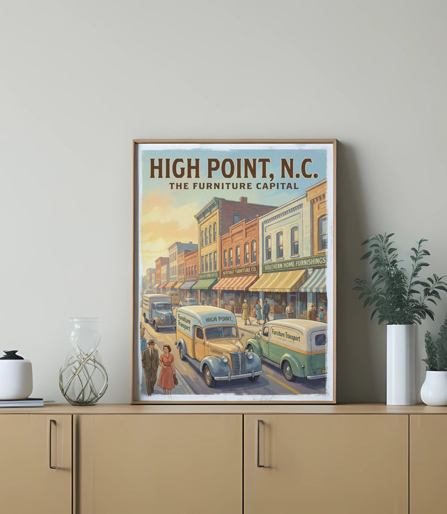 Vintage poster "High Point, N.C. The Furniture Capital" with street scene and antique trucks.