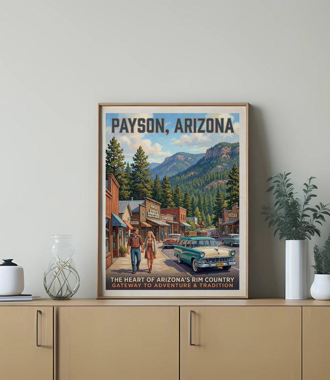 Payson, Arizona poster featuring a vintage street scene with people and cars, and text.