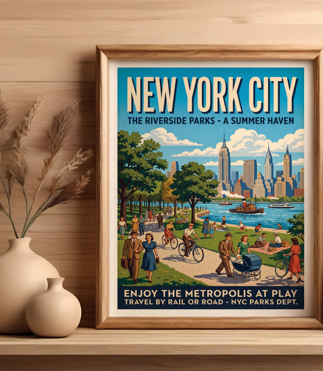 New York City poster depicting riverside parks with people enjoying activities.