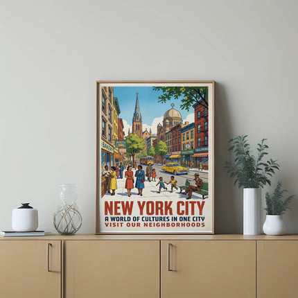New York City poster with street scene and text about neighborhoods.