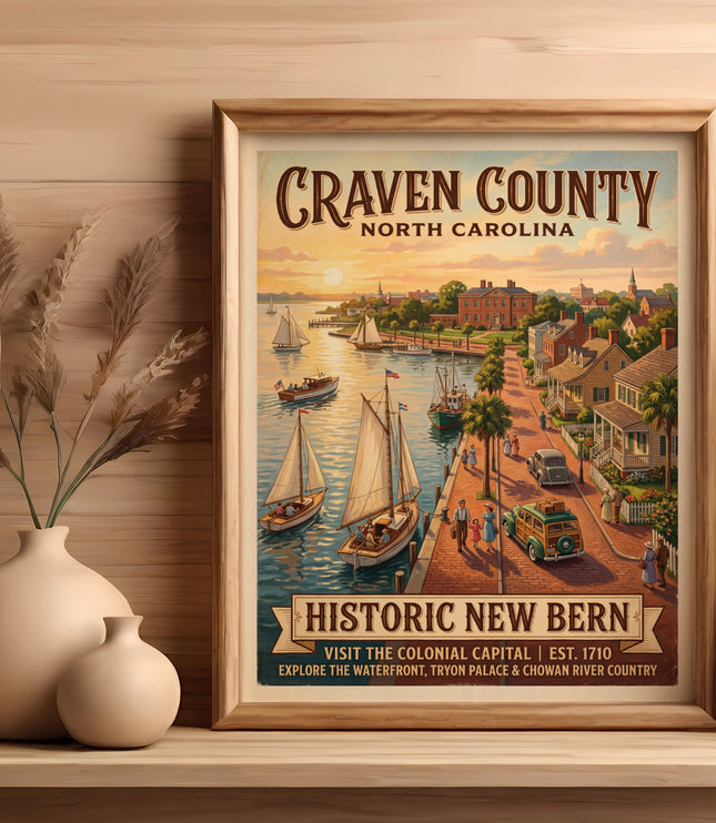 Poster of Craven County, North Carolina featuring Historic New Bern waterfront scene.