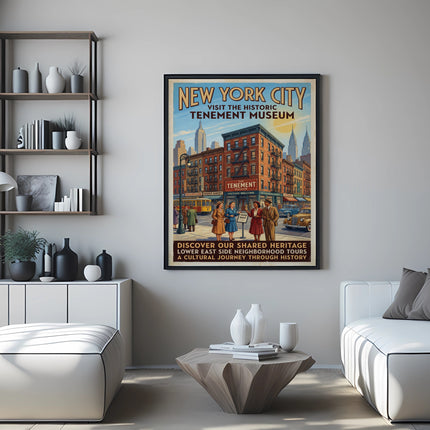 New York City Tenement Museum poster with historical building and neighborhood tour information.