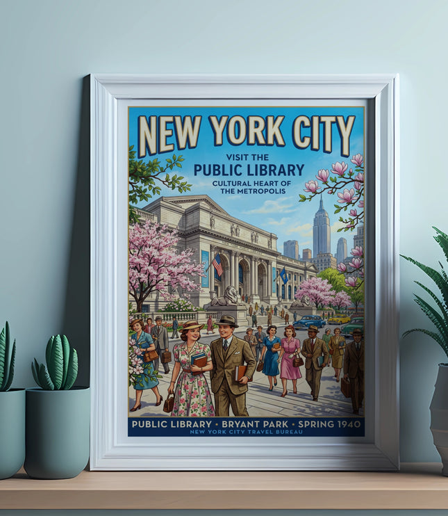New York City poster of the Public Library with people and Empire State Building.