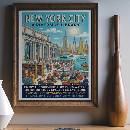 New York City riverside library poster with people studying outdoors.
