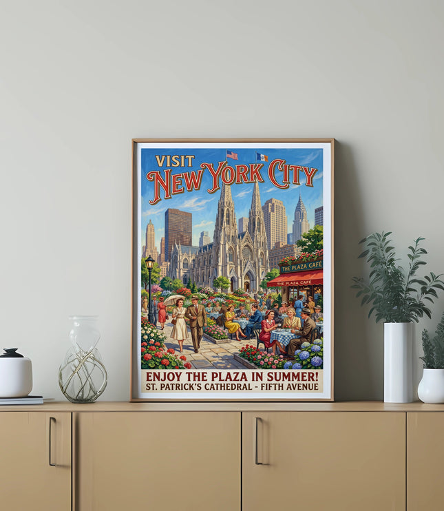 Vintage "Visit New York City" poster with St. Patrick's Cathedral and Plaza Cafe.