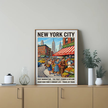 New York City travel poster with vintage cars and "Tony's Produce" stand.